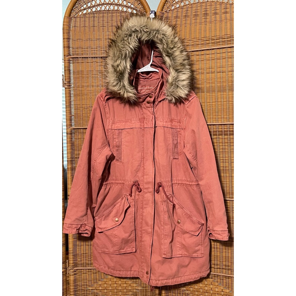 American Eagle Pink Faux Fur Trim Hooded Parka Jacket XL 41-1813